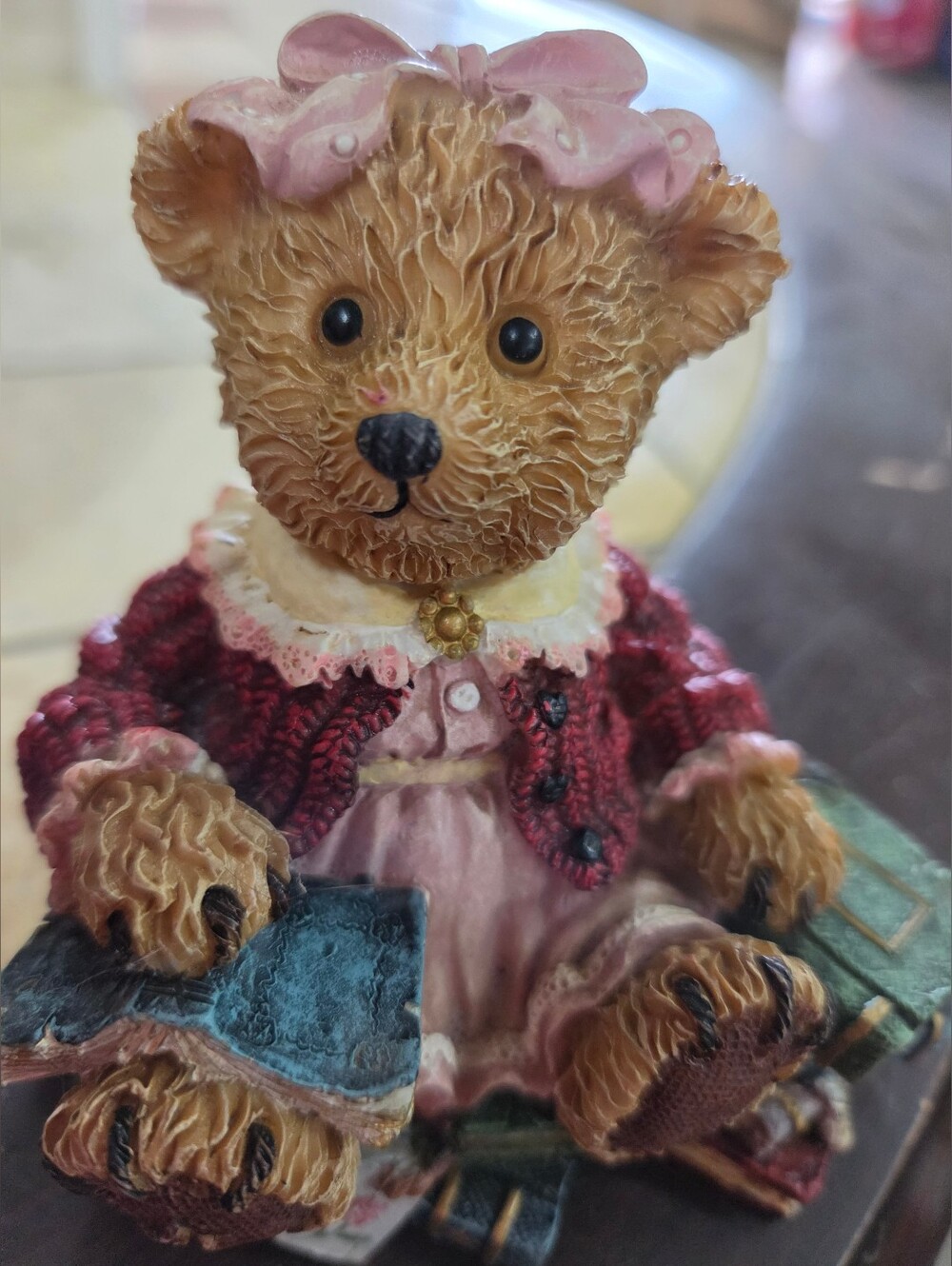 Girl Teddy Bear Reading Books Resin Figurine Decor